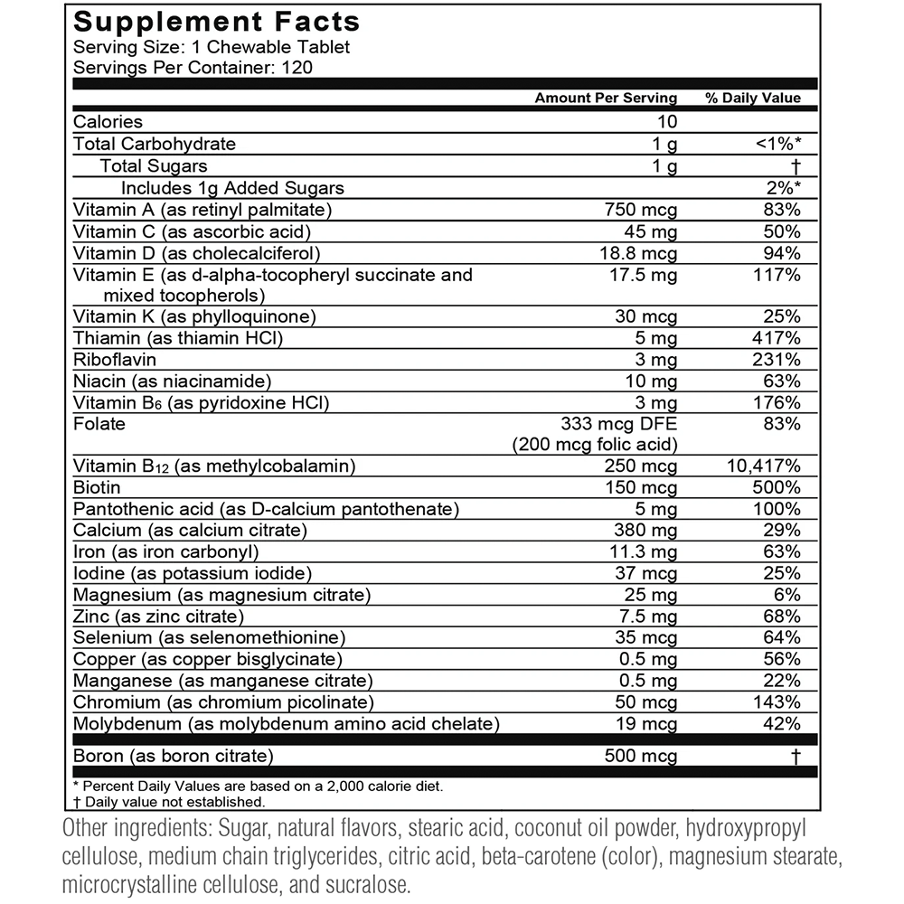 Tabela Nutricional BariatricPal "ALL-IN-ONE" Chewable Multivitamin with Calcium Citrate & Iron - Orange