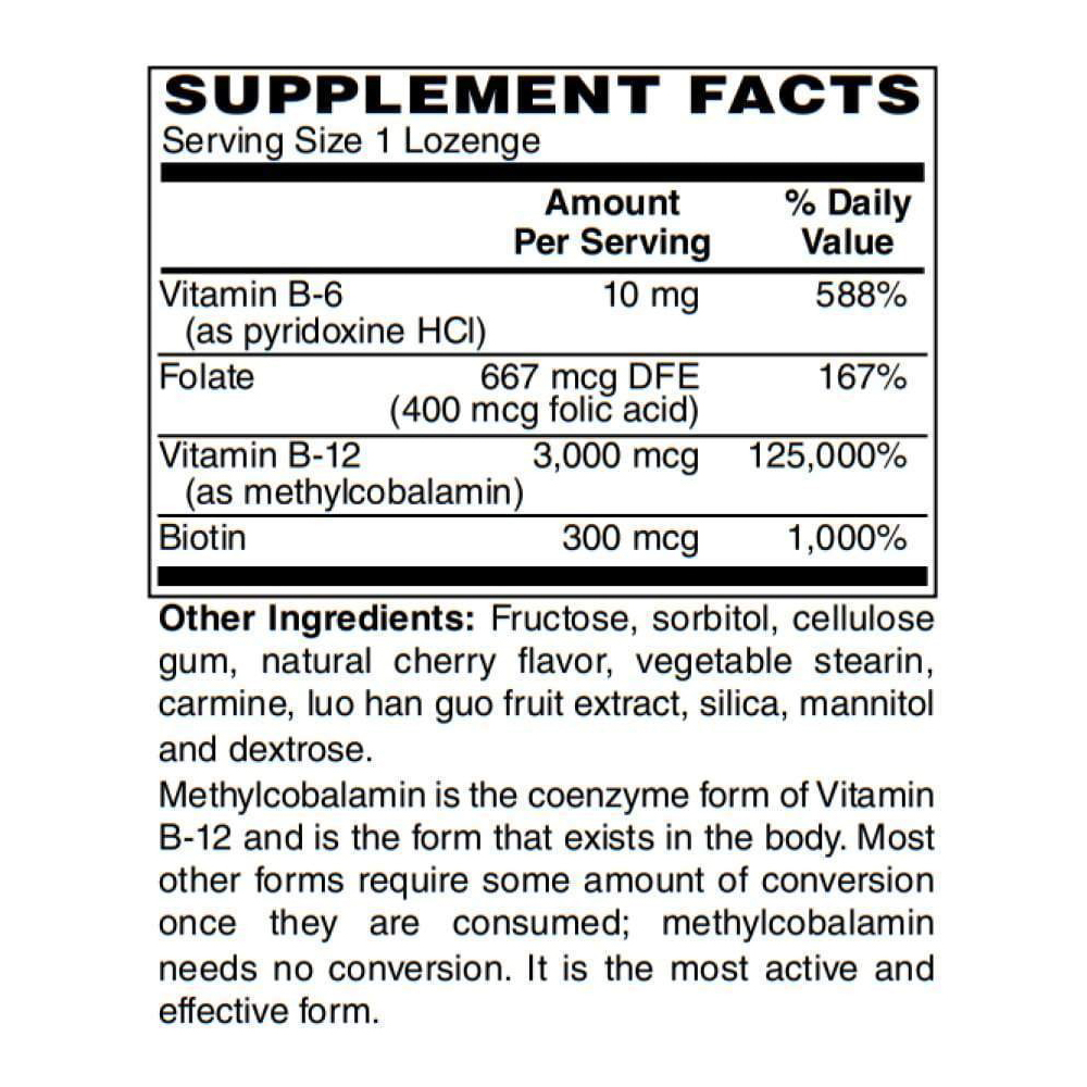 Tabela Nutricional Methyl B-12 (3,000 mcg) with Biotin, B6 & Folate Cherry Flavored Lozenges