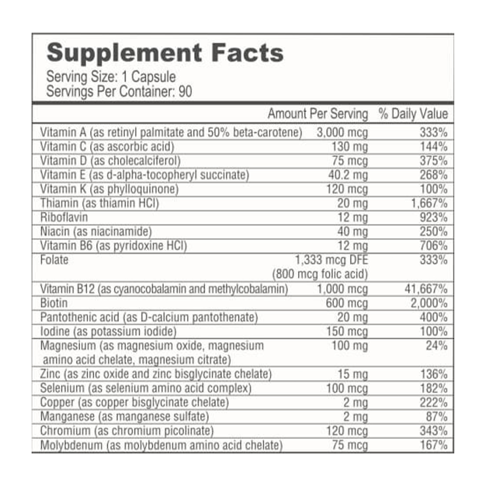 Tabela Nutricional BariatricPal Multivitamin ONE "1 per Day!" Bariatric Multivitamin Capsule - Iron Free - 1 Month