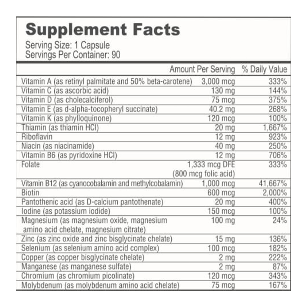 Tabela Nutricional BariatricPal Multivitamin ONE "1 per Day!" Bariatric Multivitamin Capsule - Iron Free - 3 Months