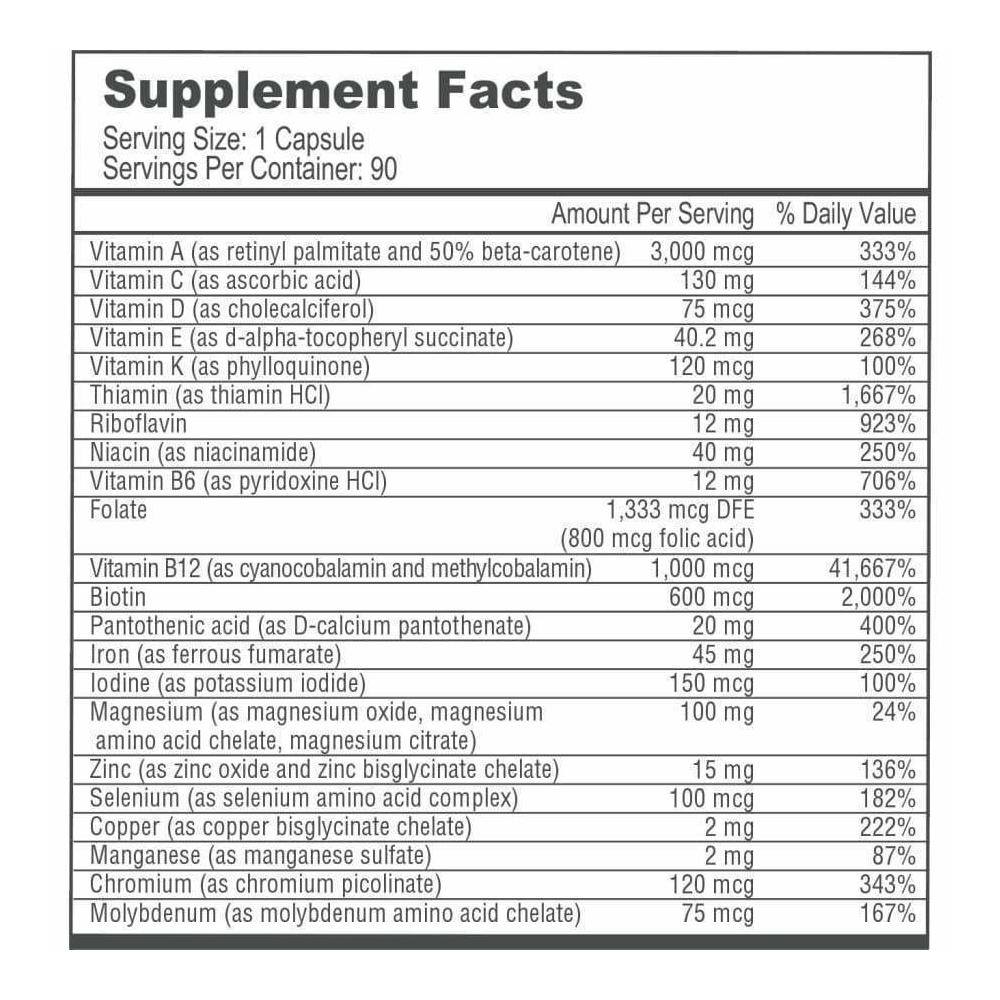 Tabela Nutricional BariatricPal Multivitamin ONE "1 per Day!" Bariatric Multivitamin Capsule with 45mg Iron - 1 Month