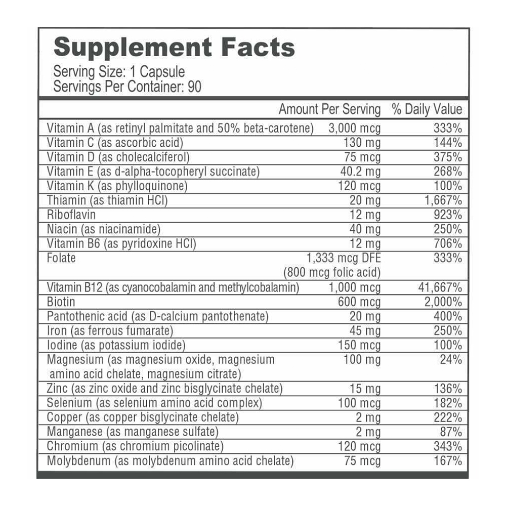 Tabela Nutricional BariatricPal Multivitamin ONE "1 per Day!" Bariatric Multivitamin Capsule with 45mg Iron - 3 Months